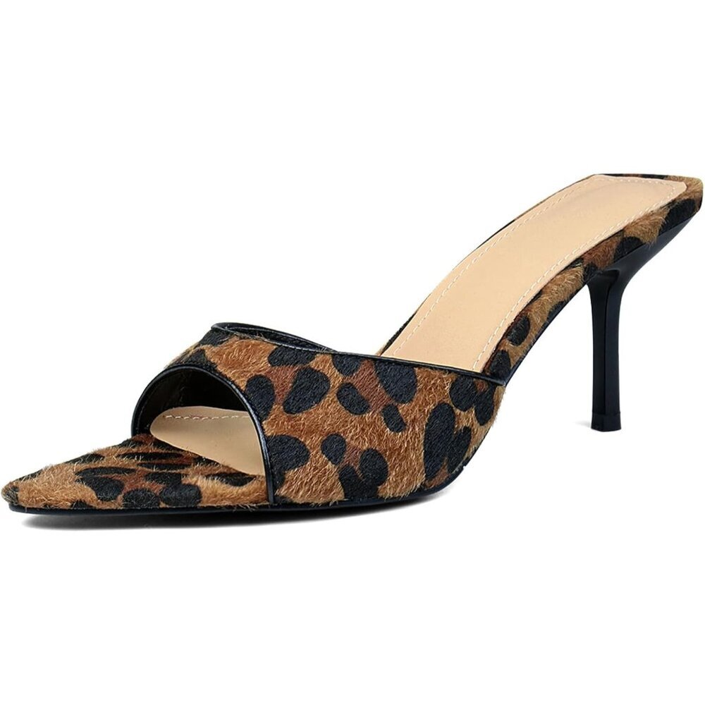 Women's Leopard Open Toe Kitten Heels Pointed Toe Mule Slip On Elegant Shoes